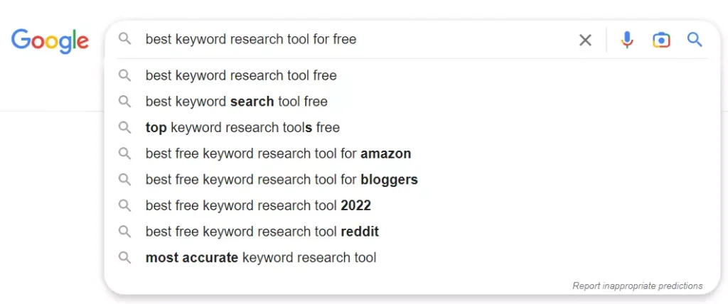 Google results in the suggestion list